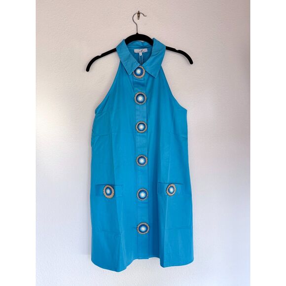 NWT My Beachy Side Amber Hand Crochet Buttons Halter Mini Dress in Blue Medium - Picture 9 of 16